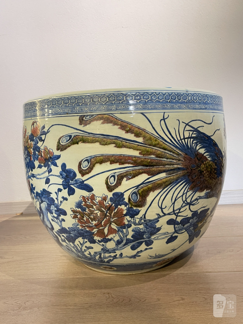 清中期 青花釉里红牡丹锦鸡图大缸 - 图6